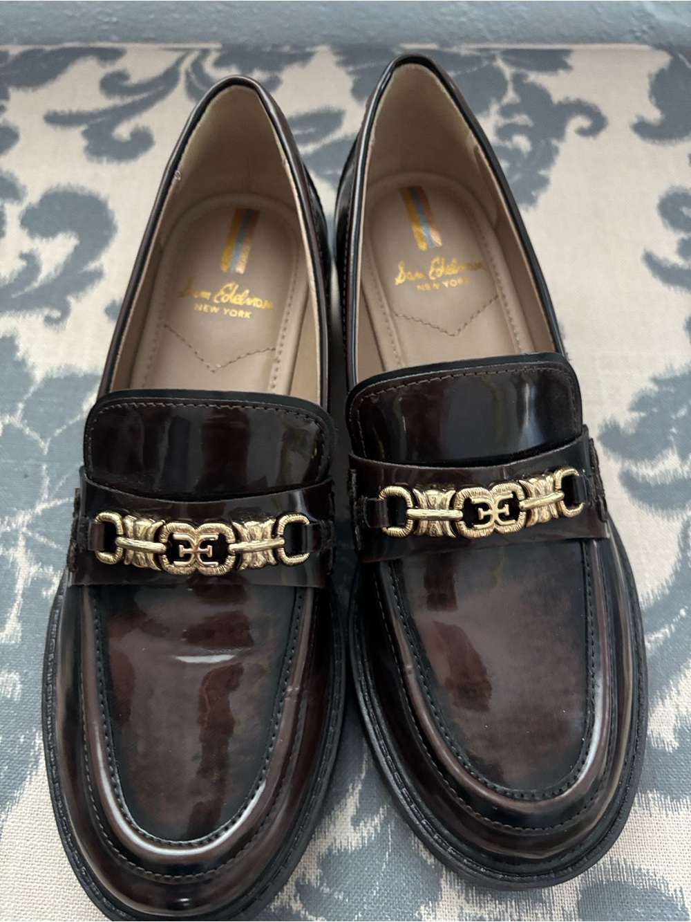 Sam Edelman Brown Patent Leather Lug Sole Loafers with Gold Bit